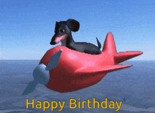 a dachshund is riding a red airplane with the words happy birthday written below it