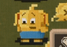 a pixel art of a yellow pumpkin with a blue shirt on