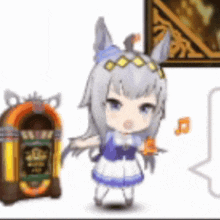 a little girl is standing next to a jukebox and a picture .