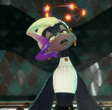 a cartoon character is standing in front of a chandelier