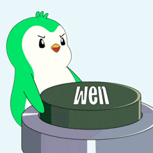 a cartoon penguin is pressing a button that says wen