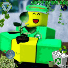 a happy earth day greeting card with a cartoon character holding a plant