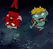 a cartoon of a devil and a blue monster