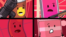 four cartoon characters are standing next to each other