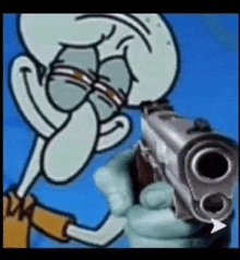 squidward from spongebob squarepants is holding a gun and pointing it at the camera .
