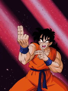 a cartoon character with a red background and a blue belt is giving the middle finger