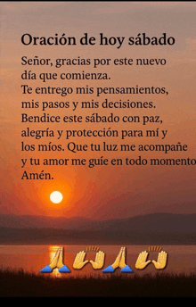 a prayer in spanish with a picture of a sunset in the background