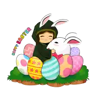 a cartoon drawing of a girl hugging a bunny with the words happy easter below her