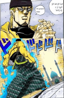 a cartoon of a man praying with the words " it 's prayer time " on the bottom