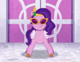 a cartoon pony wearing sunglasses and a crown stands in front of a pink door