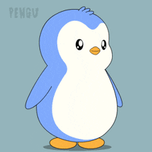 a blue and white cartoon penguin with the word pengu on the bottom right