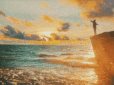 a person stands on a cliff overlooking the ocean at sunset
