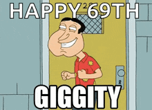 a cartoon man is standing in front of a door and smiling .