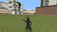 a black cat holding a cane in a video game with the number 100 on the bottom