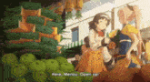 two anime girls are standing next to each other in front of a bunch of fruits .