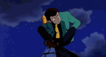 a cartoon character is bending over on a roof .