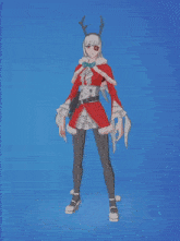 a girl with white hair and antlers is wearing a santa claus outfit