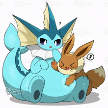 a cartoon drawing of a eevee and a water eevee with a question mark on its head
