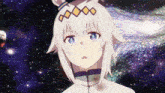 a girl with white hair and blue eyes is looking up at the stars
