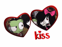 a couple of heart shaped frames with the word kiss on the bottom