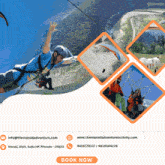an advertisement for paragliding shows a man in the air