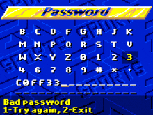 a screenshot of a video game that says bad password 1 - try again 2 - exit