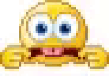 a pixelated smiley face with big eyes and a pink mouth .