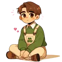 a drawing of a boy wearing green overalls with a frog on the pocket