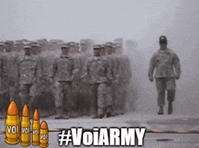 a group of soldiers marching with the hashtag #voiarmy in the background