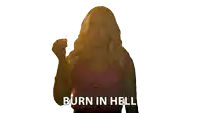 a woman in a pink shirt is making a rude gesture