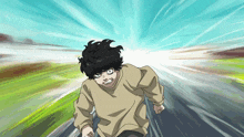a cartoon character is running down a road with a blue sky behind him