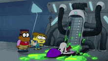 a group of cartoon characters are standing in front of a large machine