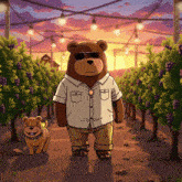 a cartoon of a bear and a dog walking through a vineyard