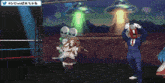 a pixel art of a boxing match with aliens and a twitter logo in the background