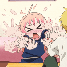 a girl with pink hair is making a face with her hands