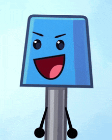 a cartoon drawing of a blue block with a face on it