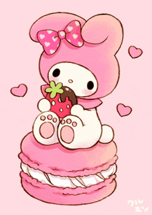 a drawing of a bunny eating a strawberry on top of a pink cake