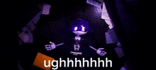 a cartoon character with purple hair is sitting on a desk with the words ughhhhhhhh written on the bottom