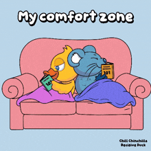 a cartoon of a duck and a mouse sitting on a couch with the words " my comfort zone " above them