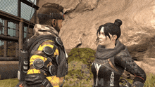 a man and a woman are standing next to each other and the woman is wearing a rsp uniform