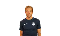 a man wearing a blue nike shirt is pointing up