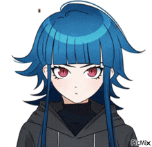 a girl with blue hair and red eyes is wearing a black sweater