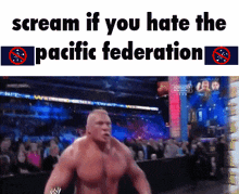 a man is screaming in front of a crowd with the words " scream if you hate the pacific federation " below him
