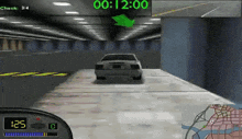 a video game shows a car driving through a tunnel and the time is 00 : 12 : 00