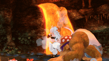 a video game scene with donkey kong and a cow in front of a waterfall