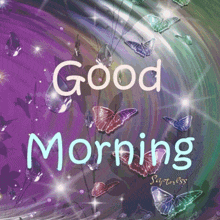 a purple background with butterflies and the word good morning