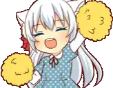 a cartoon of a girl with white hair and cat ears holding two yellow pom poms in her hands .