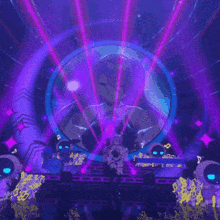 a girl with purple hair is dancing on a stage with purple lights behind her