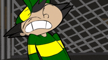 a cartoon character in a green and yellow outfit is making a face