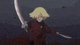 a cartoon character is holding a sword in his hand